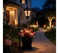 Lámparas solares de pie con base de maceta, lámpara solar 2 en 1 para decoración de jardín, luces LED impermeables para porche, patio y patio, linterna de metal retro S-olar paisaje