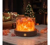 Lamptobe Lámpara de sal rosa sin cables con base color nogal recargable | regalo natural para el bienestar luz nocturna para meditación dormitorio oficina en casa decoración escritorio