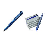 Lamy Fountain Safari Pluma estilogrfica, color azul + Cartuchos de tinta para pluma estilográfica 2077 4er-Set, T10, color azul, 4 paquetes (20 cartuchos)