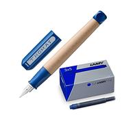 Lamy Juego de 3 plumas estilográficas aptas para niños de madera de arce, mango antideslizante en azul, plumín de acero fino T10, juego de 3 cartuchos de tinta en cartón original, color de la tinta
