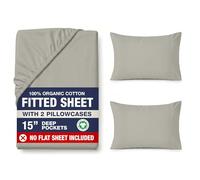 LANE LINEN Sábana bajera ajustable tamaño King, 100 % algodón orgánico, suave y transpirable, con 2 fundas de almohada, bolsillo profundo de 35 cm, sábana inferior elástica completa, color plateado