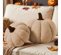 Lanpn Juego de 2 Almohada de Calabaza, Halloween Decoracion Cojín Decorativo de Calabaza Sherpa De Vellón Suave Linda Forma 3D para Autumn Thanksgiving Sofá Cama Dormitorio (Beige, 32x22cm & 23x18cm)