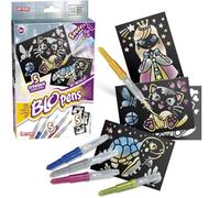 Lansay | BLOPENS SET METALIZADO | Kit creativo infantil con 5 rotuladores soplables metálicos + plantillas + hojas negras | Efecto aerógrafo mágico | Dibujo brillante desde 5 años