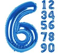 LAPONO Globo Número 6 Azul, Globos Números Cumpleaños, Gigante 86 × 60 cm, Aluminio Foil Apto para Helio y Aire con Pajita, Válvula Autosellante, Decoración Fiesta Fotos Pared Mesa Dulce para Edad
