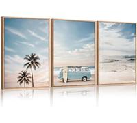 Large Surfboard Ocean Beach Canvas Wall Art Bus and Palm Tree Wall Painting Prints for Living Room, Bedroom(50x70cm x 3/Inner frame)