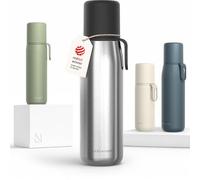 LARS NYSØM Botella Térmica de Acero Inoxidable - Isotérmica de Doble Pared con Taza y Correa, Metálica Hermética para Viaje, Oficina y Exterior (Stainless Steel, 1000ml)