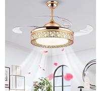 LASANYA Ventilador de techo retráctil con luz, pantalla nido de pájaro, Lampara Ventilador Techo silencioso moderno, aspas de ventilador invisibles, Ceiling Fan with Light para dormitorio-Gold