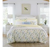 Laura Ashley Home - Juego de Funda de edredón Queen, Ropa de Cama Reversible de satén de algodón con Fundas a Juego, decoración del hogar para Todas Las Estaciones (Azul Floral Prado, Queen)
