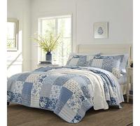 Laura Ashley, Juego de edredón Reversible de algodón con Fundas a Juego, decoración del hogar Inspirada en la Granja, Individual, Estampado de Retazos de Cachemira Azul