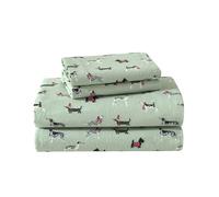 Laura Ashley - Juego de sábanas matrimonial, Ropa de Cama de Franela de algodón, Cepillado para Mayor suavidad y Comodidad (Holiday Pups, Verde, matrimonial)