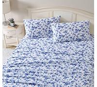 Laura Ashley - Juego de sábanas tamaño Queen, Ropa de Cama de Franela de algodón Cepillado para Mayor suavidad y Comodidad (Azul Emelisa, Queen)