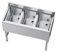 Lavabo de 3 compartimentos, fabricado en acero inoxidable 304 de 1,5 mm de grosor, con dimensiones de 254 x 356 x 254 mm por compartimento. Lavabo comercial de 3 cubetas para instalar debajo de la bar