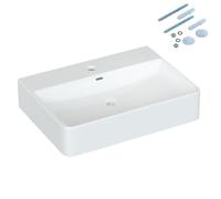 Lavabo de cerámica blanca, rectangular, 60 x 42 cm, para lavabo, lavabo suspendido, lavabo de pared, baño con agujero para grifo, rebosadero, tornillos