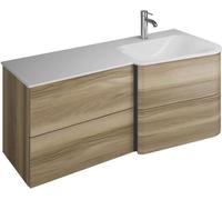 Lavabo de mineral artificial Badu de Burgbad, con mueble bajo lavabo de 122 cm, 2 cajones laterales y lavabo a la derecha