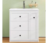 Lavabo de pie con lavabo de cerámica integrado, 76,2 x 46,2 x 82 cm, color blanco, gran espacio de almacenamiento, cajón lateral, guías deslizantes silenciosas, pintura no tóxica respetuosa con el