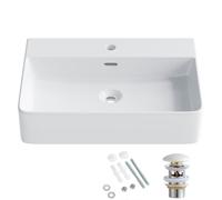 Lavabo HOROW de 60 x 42 cm con desagüe pop-up de cerámica, mueble de lavabo de montaje en pared, lavabo de cerámica suspendido, lavabo de sobreponer rectangular con desbordamiento