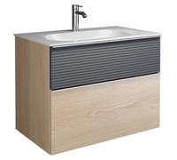 Lavabo mineral sintético de la marca burgbad, modelo Fiumo, con mueble inferior de 82 cm, con tirador modelo G0146, y superficie con textura plisada