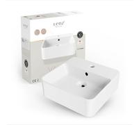 Lavabo mural VALEA de Lenz, ideal para baños de invitados y baños pequeños, con dimensiones de 40 cm x 38,5 cm. Se puede instalar directamente en la pared o como lavabo de encimera. Superficie KeepCle