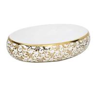 vidaXL Lavabo sobre encimera ovalado – Lavamanos de tocador, cerámica 59x40x15 cm – Blanco Dorado