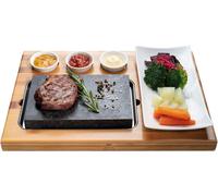 Lavasteen Steakbord – Plancha de piedra volcánica – Set de parrilla de piedra – Juego de 7 piezas con tabla de bambú y recipientes de porcelana