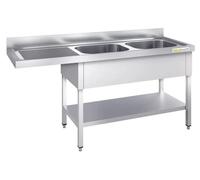 Lavavajillas industrial de acero inoxidable, de doble cuba, con dimensiones de 1600 x 700 mm, con escurridor a la izquierda, modelo PREMIUM de la marca GOLDINOX