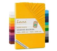Lavea® Sábana Bajera Ajustable 135x190/200-150x190/200 cm - para Cama 150, Colchones Altos hasta 35 cm, para Camas Boxspring y de Agua, 100% Algodón, con Elástico, Amarillo Oro