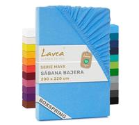 Lavea® Sábana Bajera Ajustable 200x220 cm - Colchones Altos hasta 35 cm, para Camas Boxspring y de Agua, 100% Algodón, con Elástico, Azul Cielo