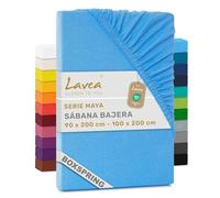 Lavea® Sábana Bajera Ajustable 90x190/200-100x200 cm - para Cama 90, Colchones Altos hasta 35 cm, para Camas Boxspring y de Agua, 100% Algodón, con Elástico, Azul Cielo