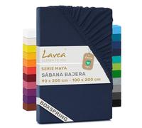 Lavea® Sábana Bajera Ajustable 90x190/200-100x200 cm - para Cama 90, Colchones Altos hasta 35 cm, para Camas Boxspring y de Agua, 100% Algodón, con Elástico, Azul Galaxia