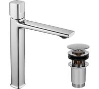 Laveo | Grifo para lavabo - Cromo - Monomando - Válvula de desagüe con sistema de apertura y cierre rápido - Grifo alto para lavabo
