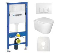 Lavita Conjunto: elemento de pared Duofix Basic WC de descarga profundaVersoni blanco sin reborde con sistema de descarga Tornado+asiento de WC con cierre automático+con botón blanco Conjunto completo