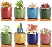Lawei Paquete de 8 Mini macetas suculentas de 2.5 Pulgadas con Drenaje y Bandeja de bambú, Maceta pequeña de cerámica para Cactus, macetas de imitación para decoración del hogar, jardín, Oficina
