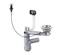 LAXARA Flexlok con control excéntrico y salida del fregadero, diámetro de 114 mm, válvula de cesta de colador, desagüe con botón giratorio, sifón para ahorrar espacio, aspecto de acero inoxidable, 1