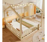 Lcoho Cama plana, 90 x 190 cm x 2/180 x 190 cm, cama infantil con rejilla, listón de casa, madera de pino, sin colchón, estilo minimalista, perlas LED (natural)