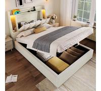 Lcoho Cama tapizada, 90 x 200 cm, con función de carga USB tipo C, sin colchón, compartimento de almacenamiento con tapa abatible, almacenamiento multifuncional, iluminación LED, pulsador/aplicación