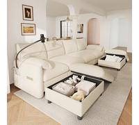 Lcoho - Sofá modular en forma de U/L con rinconera, 6 asientos, dos taburetes con almacenamiento, soporte para móvil y reposabrazos tipo cojín de chenilla, color beige