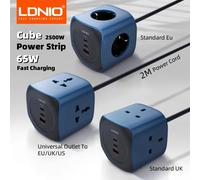 LDNIO-regleta de alimentación Cube de 65W, estaciones de carga, cable de alimentación de extensión eléctrica de 2M, adaptador de enchufes para Reino Unido, EE. UU., UE, enchufe Usb, Protector contra E
