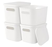 LDXDRU 4 cajas de almacenamiento de plástico pequeñas, 26 x 18 x 16 cm, cestas de almacenamiento con tapa, cajas organizadoras multifuncionales, cajas pequeñas apilables con asas para estantes, cocina