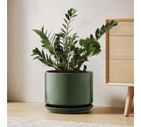LE TAUCI Maceta de Cerámica de 25 cm con Plato Integrado y Agujero de Drenaje, Macetero Moderno y Minimalista para Plantas de Interior, Verde