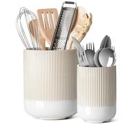 LE TAUCI Portautensilios, 18.5+14cm Cerámica Soporte para Utensilios de Cocina, Grande Botes para Encimera de Cocina, Moderno Organizador para Espátulas, Set de 2, Blanco Ártico Reactivo