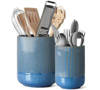 LE TAUCI Portautensilios, 18.5+14cm Cerámica Soporte para Utensilios de Cocina, Grande Botes para Encimera de Cocina, Moderno Organizador para Espátulas, Set de 2, Azul Reactivo
