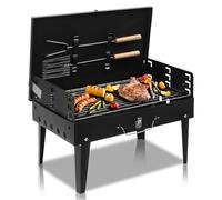 LEADZM Barbacoa de carbón con tapa - Barbacoa cuadrada plegable de 44x27x22 cm para camping y exterior - Set completo con tenedor y espátula - Negro