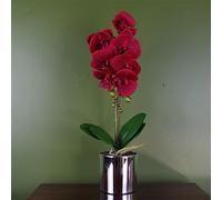 Leaf Orquídea Artificial roja con Maceta Plateada de 46 cm