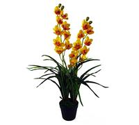 Leaf Planta Artificial de orquídea Cymbidium de 90 cm, Maceta de plástico Extra Grande, Color Amarillo
