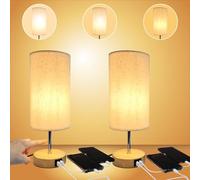 LED ATOMANT Pack 2x Lampara de mesa de noche LED tactil regulable con USB C, 3 niveles de brillo, Pantalla de tela de lino Beige, Lampara de escritorio para dormitorio salon, Bombilla E27 incluida