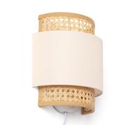 LEDKIA LIGHTING - Aplique de Pared | Ratán y Tela Amaia | Ideal para Interiores | Diseño Bohemio y Rústico | E14, IP20, Blanco Roto