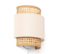 LEDKIA LIGHTING - Aplique de Pared | Ratán y Tela Amaia | Ideal para Interiores | Diseño Bohemio y Rústico | E14, IP20, Blanco Roto, Ratán, Tela Off white