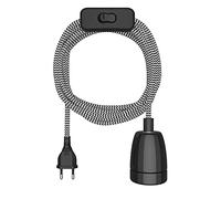 ledscom.de Cable textil LEHA II, enchufe, interruptor, negro, blanco, dentado, 3 m, toma de porcelana, 1x E27 máx. 300W