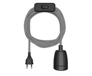 ledscom.de Cable textil LEHA II, enchufe, interruptor, negro, blanco, dentado, 3 m, toma de porcelana, 1x E27 máx. 300W