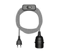 ledscom.de Cable textil LEKA, enchufe, interruptor, negro, blanco, dentado, 3 m, casquillo de lámpara, 1x E27, máx. 60 W